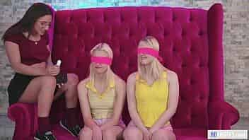 Blonde blindfolded lesbian babes are tricked by Abella Danger video