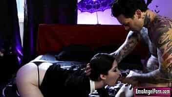 Small tits goth Wednesday Addams is convinced by a tattooed guy to get fucked.He kisses her and makes her deepthroat his big cock.She facesits him and is doggystyled rough.He keeps on banging her video