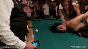 Bent over pool table dirty legs brunette slave Aria Aspen gets pussy rough fucked by big cock Mr Pete in public bar in front of crowd video